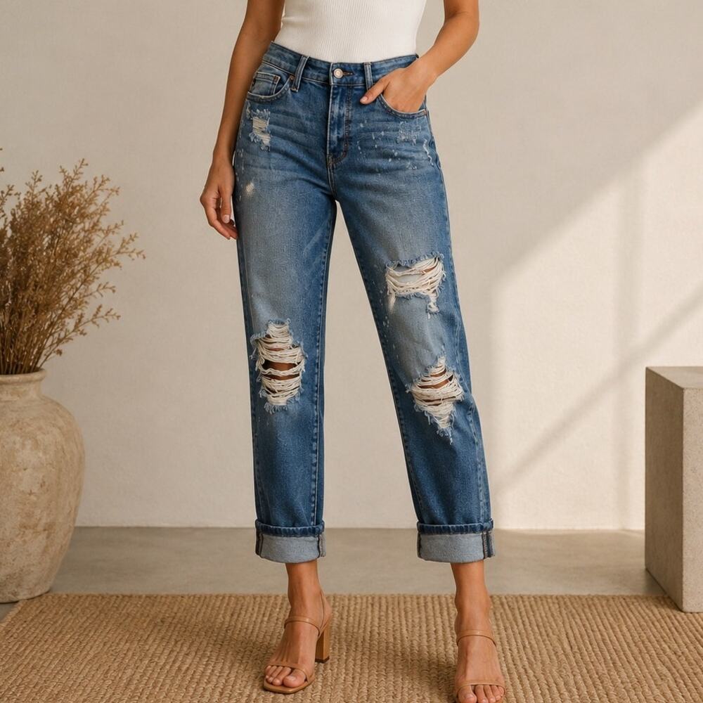 Judy Blue Jeans Womens Size 7/28 Boyfriend Fit Rolled Cuff Distressed Holes